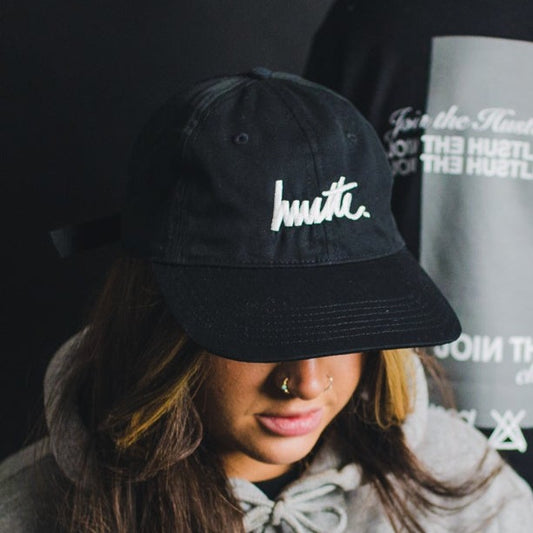 Black Dad Cap with Hustle Script Logo